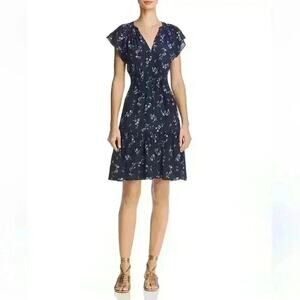 Rebecca Taylor, Silk Floral Ruffle Francine Dress, Navy Blue 100% Silk Boho Chic